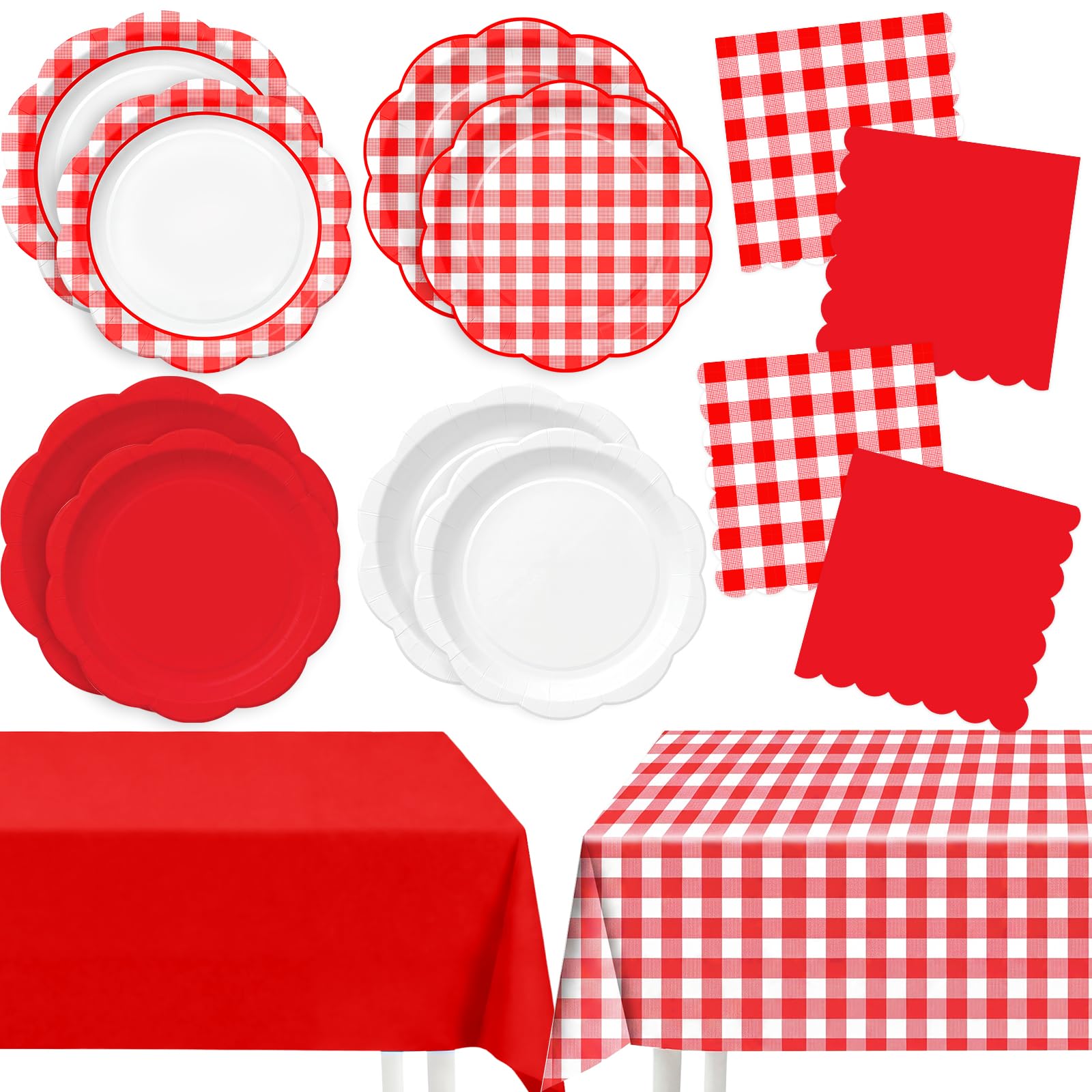 LemonRoad 100 Pcs Red Gingham Paper Plates Napkins and Plastic Tablecloth Set, Gingham Party Supply for 24 Guest, Red White Checkered Disposable Tableware Set for Picnic BBQ Birthday Party Decoration