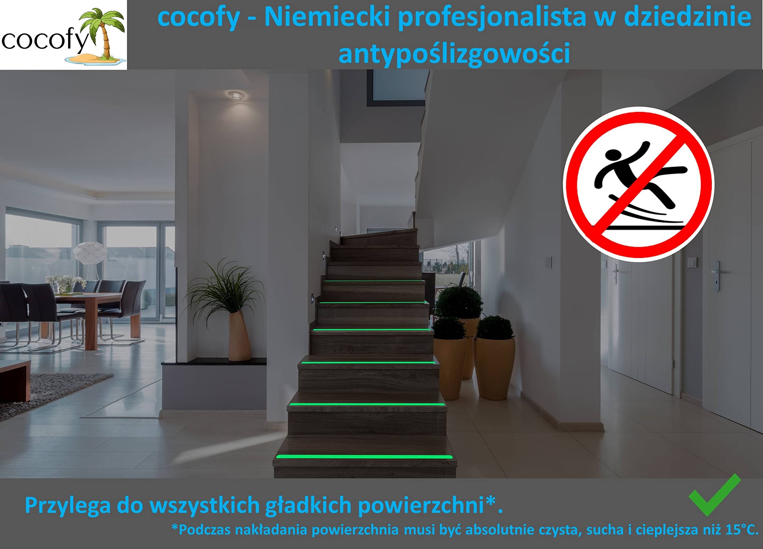 Fluorescencyjne paski antypoślizgowe, świecące naklejki na schody i stopnie, XXL (75 x 3 cm), 18 sztuk