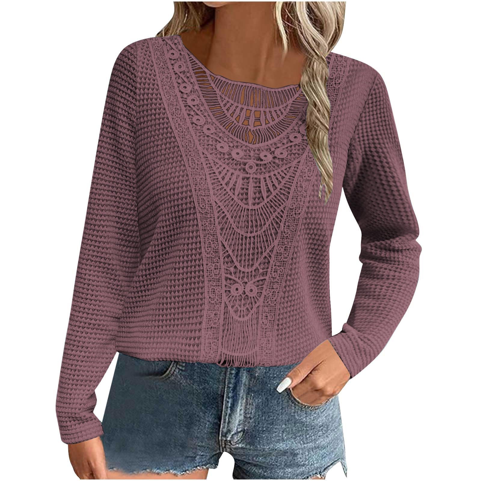 Elegant Lace Trim Tunic Tops - Fall Blouse for Women Casual Loose Fit Crew Neck Long Sleeve Waffle