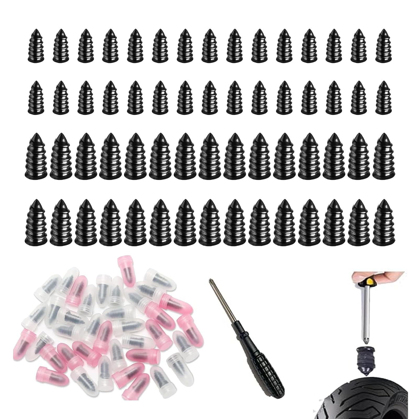 Tyre Repair Screws, Tyre Repair Kit, Self-Help Puncture Repair Kit, 25 Large and 25 Small Screws with Screwdriver, Car Tyre Puncture Repair Solution, DIY Tool Kit for Multiple Vehicle Types