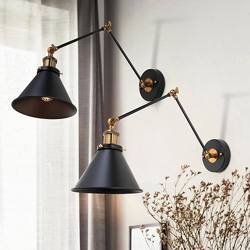 Paquete de 2 apliques de pared negros, lámpara de pared con brazo oscilante ajustable con enchufe industrial moderno o cableado con acabado de latón