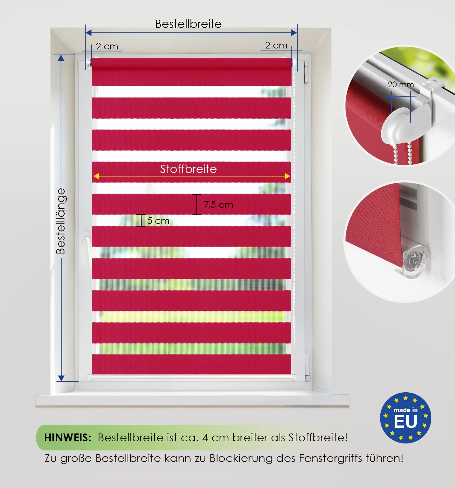 Doppelrollo Fensterrollo COR Duo-Rollo Klemmfixierung Zebrarollo Seitenzugrollo ohne Bohren, lichtdurchlässig und verdunkelnd 100x150 cm, rot