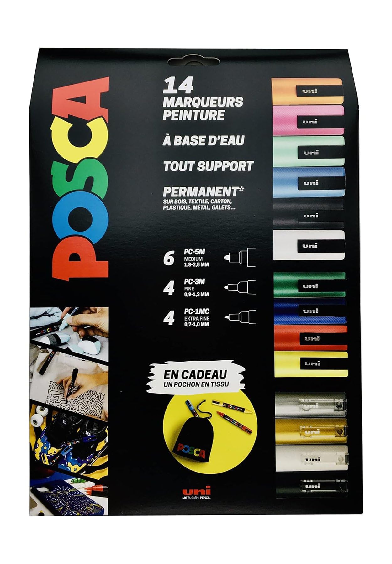 Posca - Uni Mitsubishi Pencil – Maxi Pack multipuntas – 14 rotuladores de pintura a base de agua – Todo soporte – Colores y puntas surtidas – Incluye bolsa
