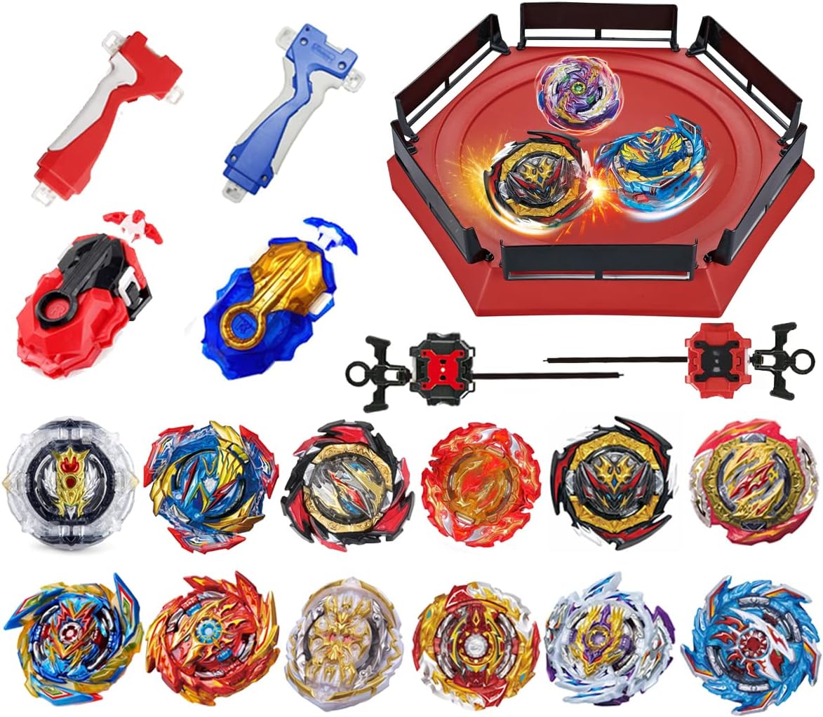 Burst Gyro Toy Set with Arena Metal Fusion Attack Top Grip Toy Great Birthday Gift for Boys Children Kids Age 6 8 10 12+ Game Storage Box 12 Burst Gyros 1 Stadium 4 Two-Way Launcher 2 Handles