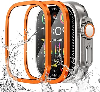 WINGLE 2 Pack for Apple Watch Ultra 3/Ultra 2/Ultra Screen Protector 49mm,9H Tempered Glass + Titanium Alloy Frame [Keep Original] Waterproof Protective HD Glass Film for iWatch Ultra 3/2/1, Orange