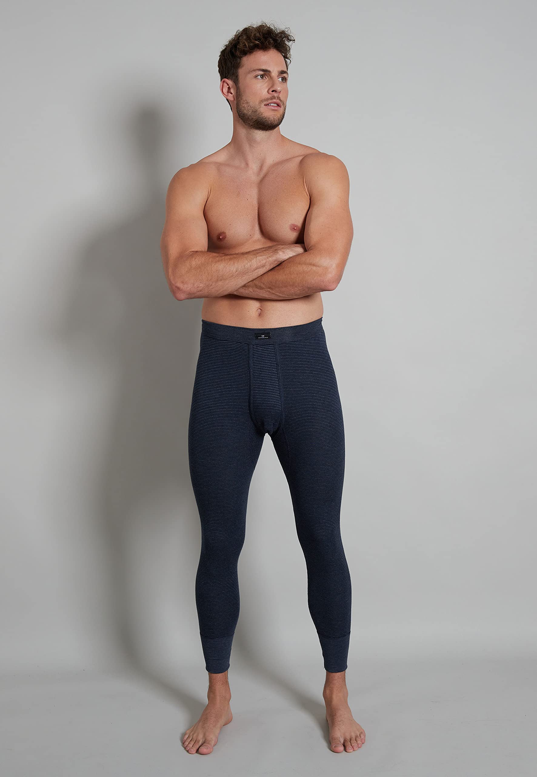 Götzburg Herren Premium lange Unterhose, Baumwolle, Feinripp, blau, gestreift, mit Bündchen, mit Eingriff