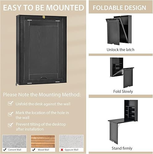 Miniatura 3 de LUARANE - Mesa de montaje en pared, escritorio plegable multiusos, escritorio convertible de madera plegable, gabinete de estantería de gran espacio
