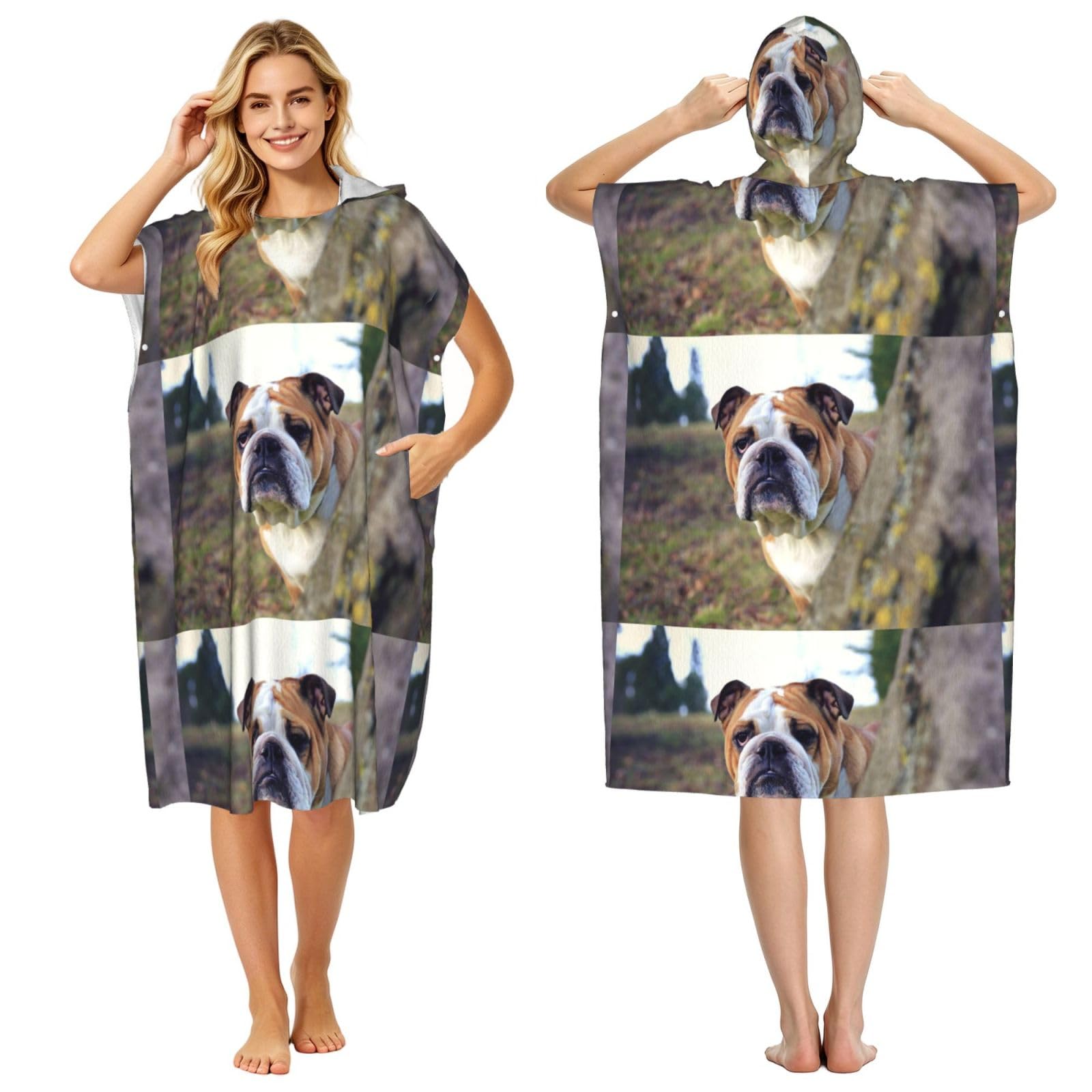 Poadnly English BullDogs Lawn Pets English BullDogs, Adult Hooded Beach Towel 90 x 110 cm,Changing Bath Robe, Surf Poncho Towel For Women Men