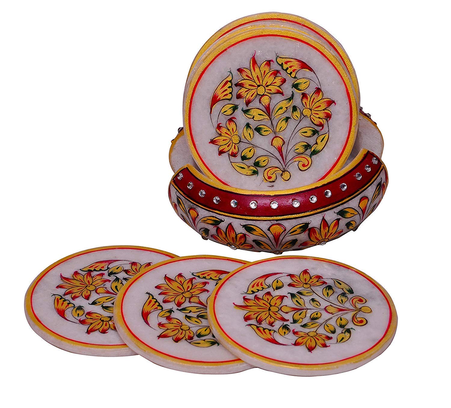 RD Craft Tea Coaster Set of 6 with Stand Marble | Handcrafted Marble Designer Meenakari Work Coasters | Dining, Tea & Coffee Table Decorative Cocktail Coasters | Multicolor-image-23