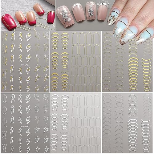 Miniatura 6 de 6 hojas brillantes de línea francesa calcomanías para arte de uñas, calcomanías 3D con purpurina dorada y plateada, líneas onduladas, diseños de