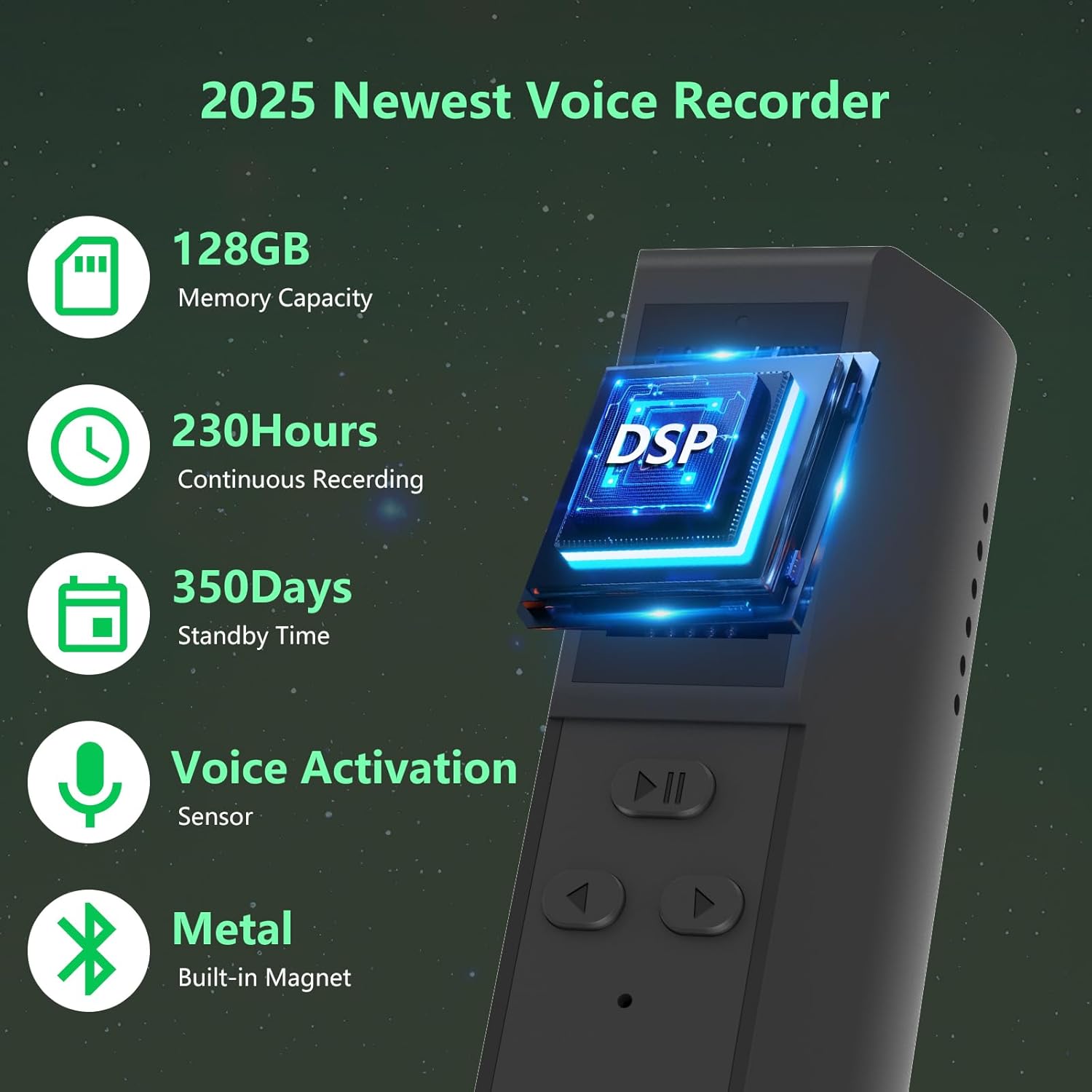 128GB Digital Voice Recorder with Playback: Magnetic Audio Recorder with AI Noise Cancellation, 230 Hours Continuous Recording Device, Voice Activated Recorder for Lectures Meetings Interviews