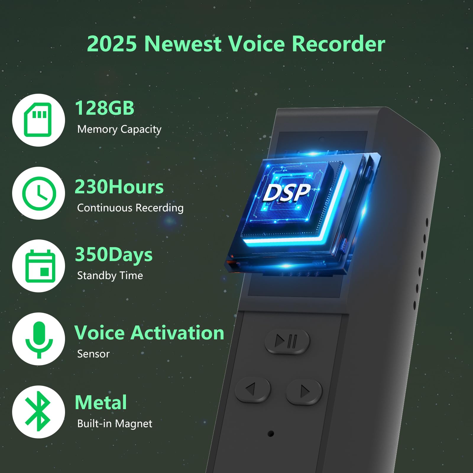 【128GB Digitales Diktiergerät mit Wiedergabe】Magnetischer Audiorecorder mit AI-Rauschunterdrückung, 230 Stunden kontinuierliches Aufnahmegerät, Sprachaktivierter Recorder für Vorträge Meetings