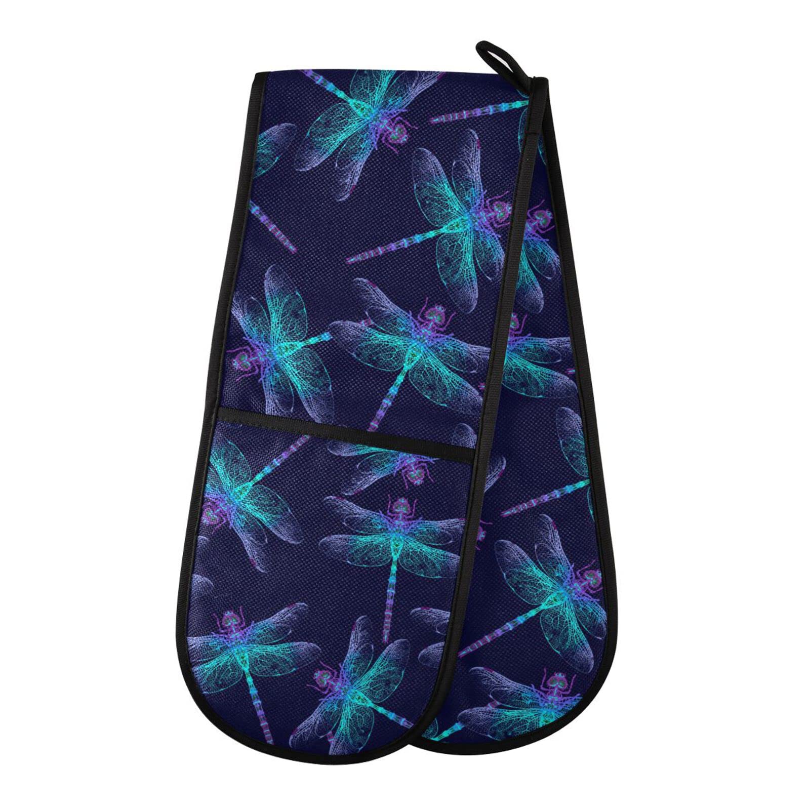 Double Oven Glove Fantasy Dragonfly Pattern Heat Resistant Double Ovens Mitt Modern Cooking Gloves Potholders