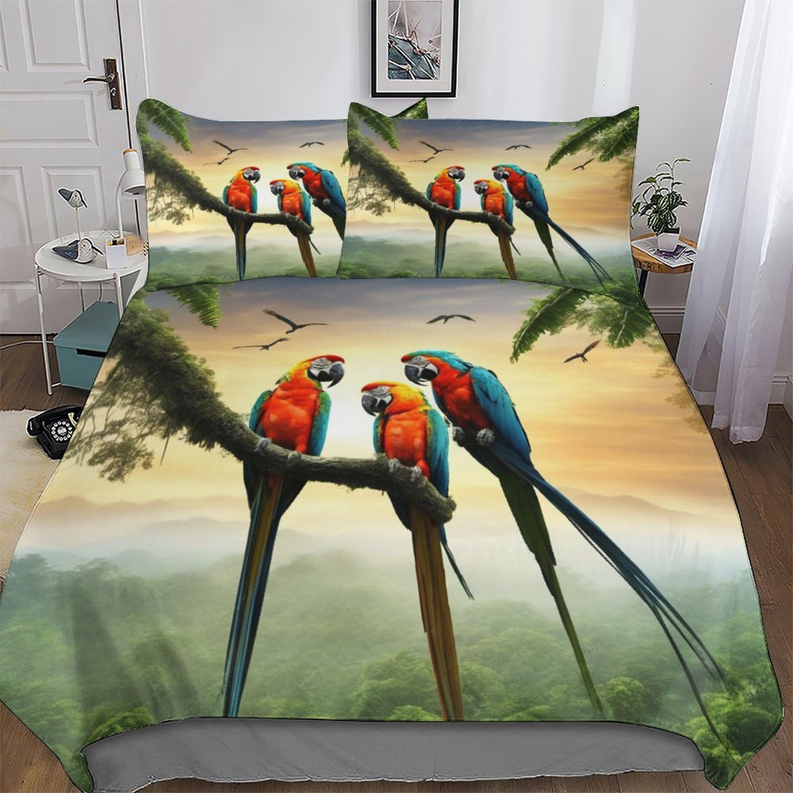Parure de lit perroquet en microfibre douce avec housse de couette king 220x240 cm et ses taies