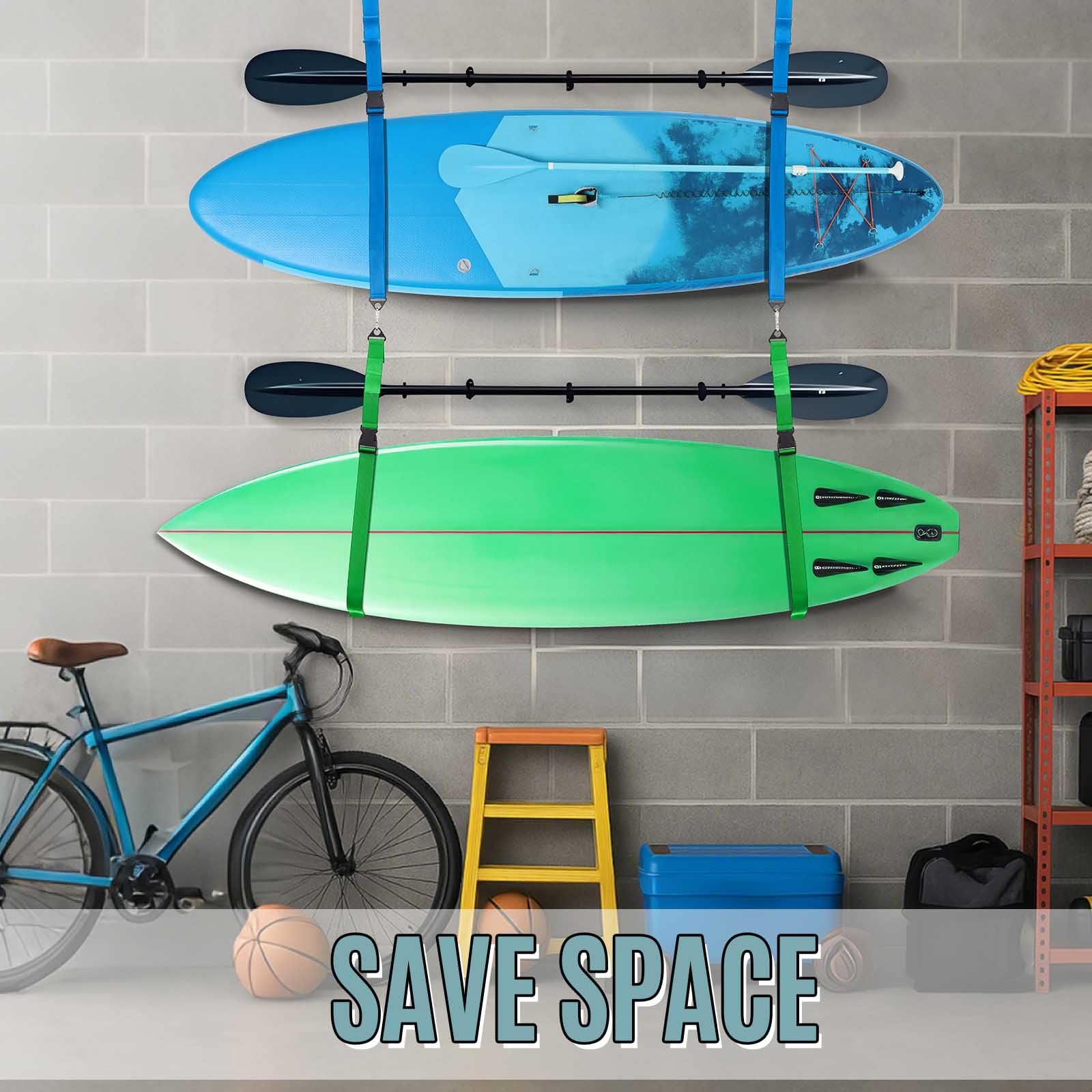 Seenelling 8 cinghie da appendere per kayak e snowboard, capacità 199,6 kg, cinghie in nylon con moschettone, salvaspazio, per interni ed esterni, tavola da surf, paddle, garage, accessori per riporre