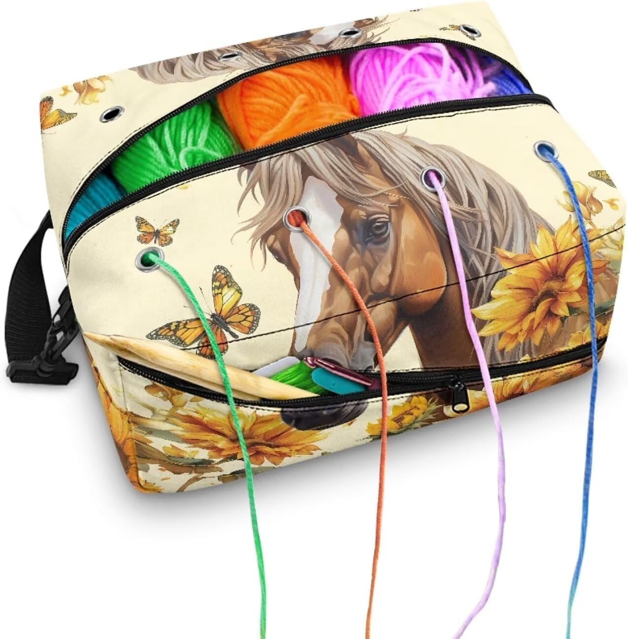 Goronwyfloyd Horse Butterfly and Sunflower Yarn Bag Yarn Holder for Crochet Accessories Yarn Storage Bag for Crocheting Portable and Sturdy