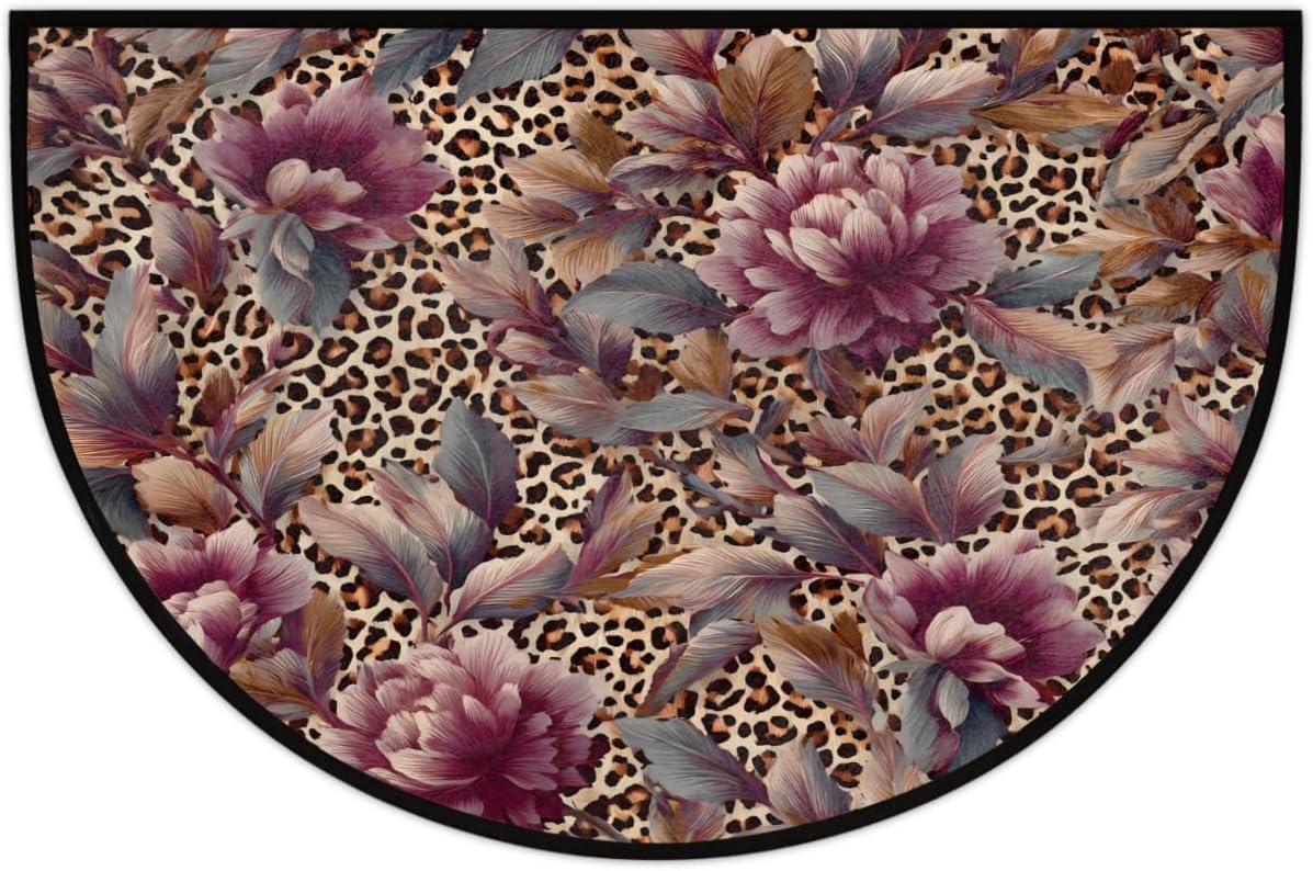 Leopard Cheetah Flower Half Round Doormat Washable Semi Circle Rug Non Slip Half Moon Rug Floor Mat for Indoor Outdoor Bathroom Kitchen Fireplace Entryway Bath Holiday Decor