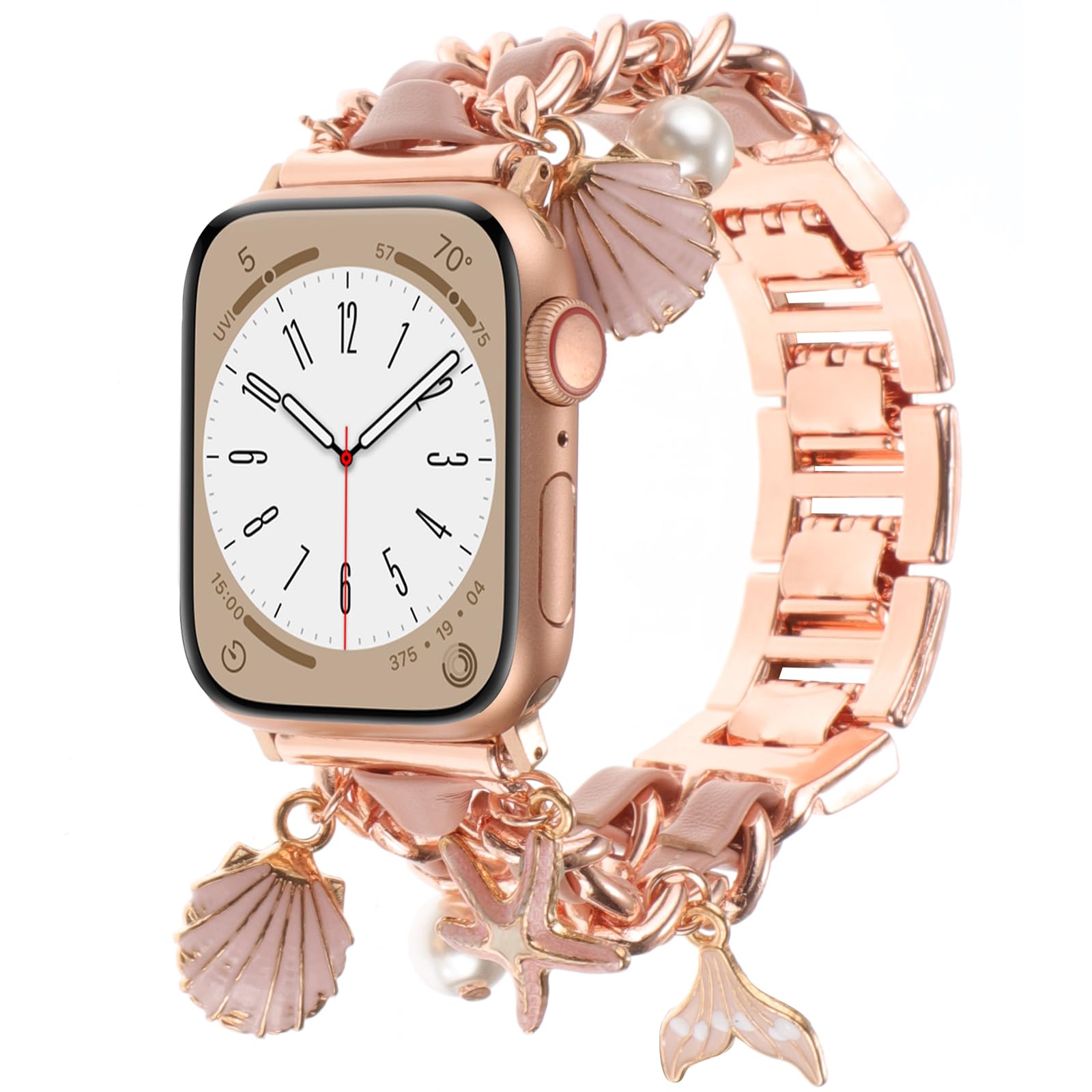 REALSIGN Stylish Metal Wristband Compatible with Apple Watch Band 38mm 40mm 41mm,Cuban Chain Band Starfish Shell Pearl Mermaid Tail Pendants Cute Strap for iWatch Series 9 8 7 6 5 4 3 2 1 SE for