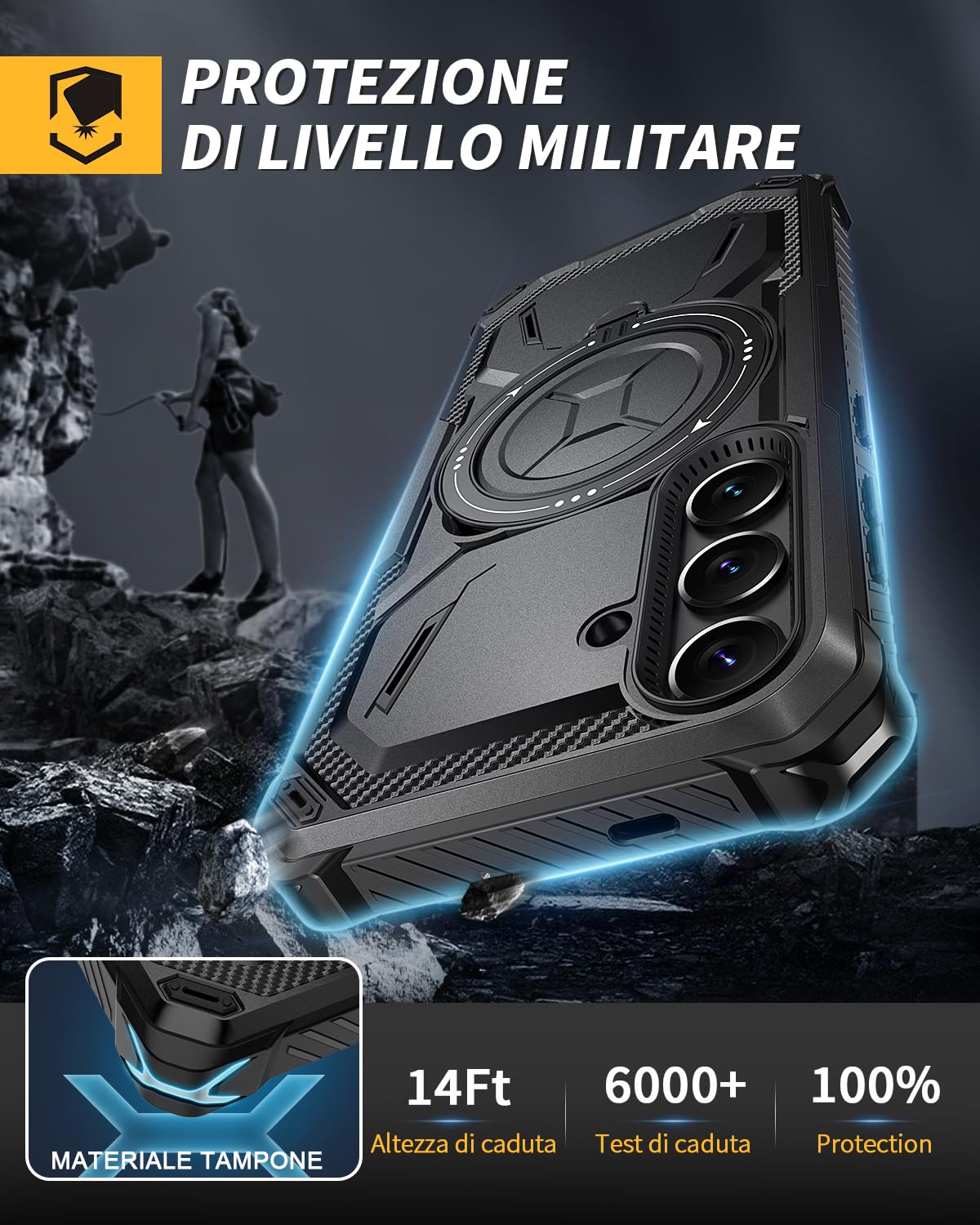 Lanhiem Cover per Samsung S25, Magnetica con Anello, Antiurto Militare Indistruttibile, Protezione Completa del Corpo a 360°con 2 Vetro Temperato, Custodia per Samsung Galaxy S25 5G, Nero