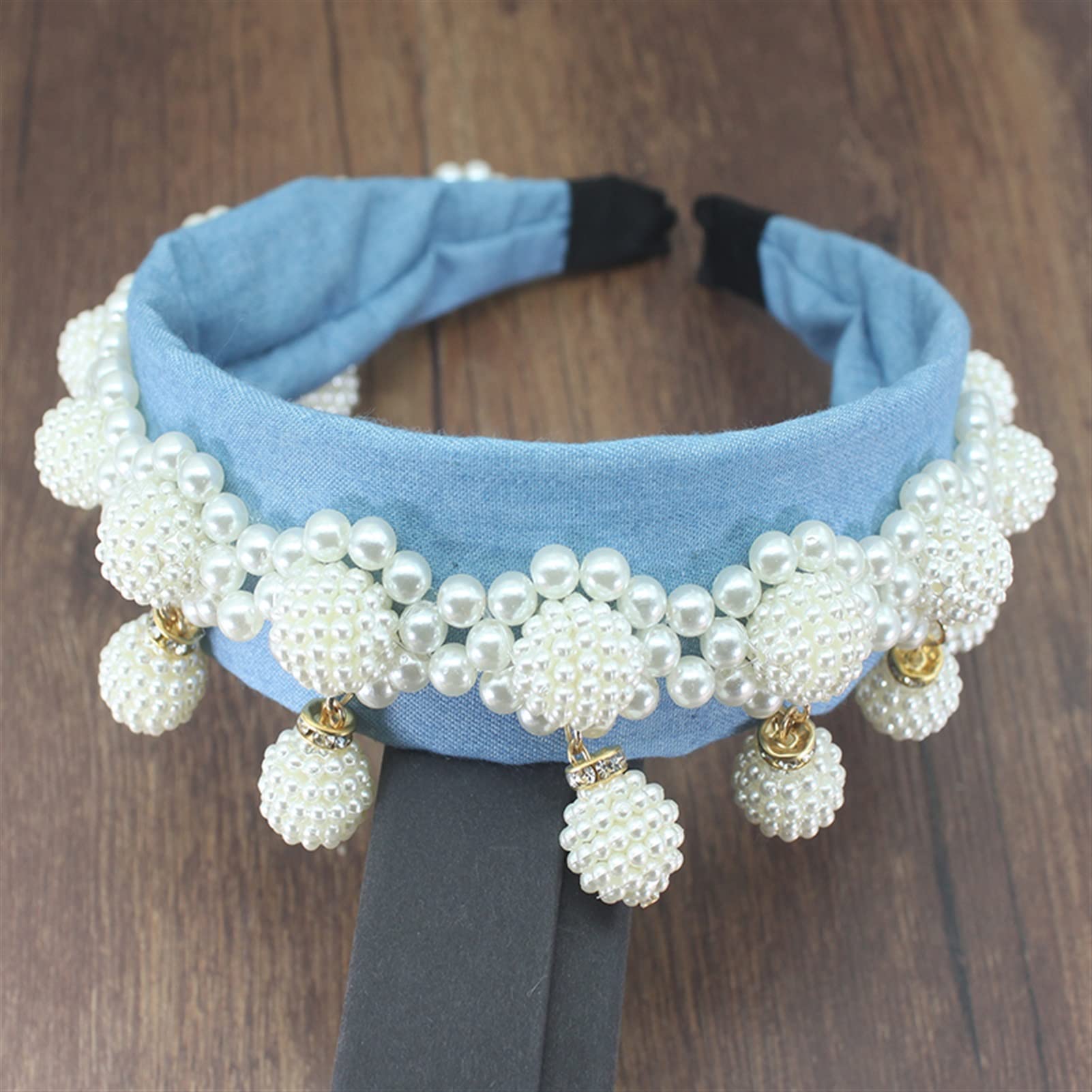 Handmade Gorgeous Blue Denim Szeroki perłowy pasek do włosów Wisiorek z piłką Korona Moda Osobowość Pałąk Obręcze do włosów dla kobiet Obręcz do włosów (główny kolor kamienia: jasnoniebieski)