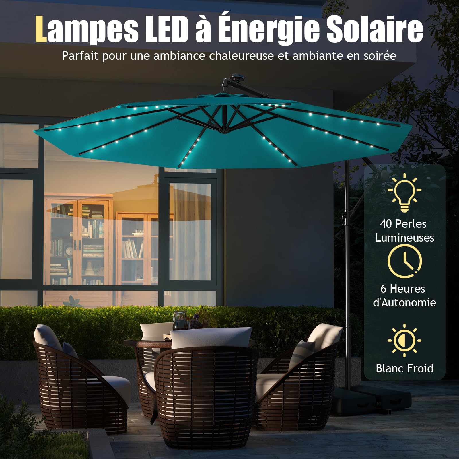 RELAX4LIFE Parasol Déporté 3x3M LED Solaire Inclinable (bleu turquoise)