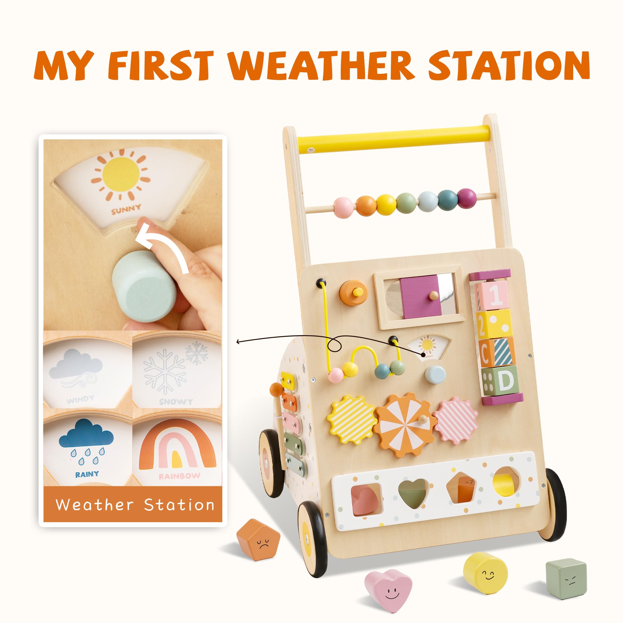 Wooden Baby Walker with Activity Center – Montessori Push Walker Toys for Boys & Girls 18 Months+ – Educational Toddler Learning Walker with 10-in-1 Sensory Games