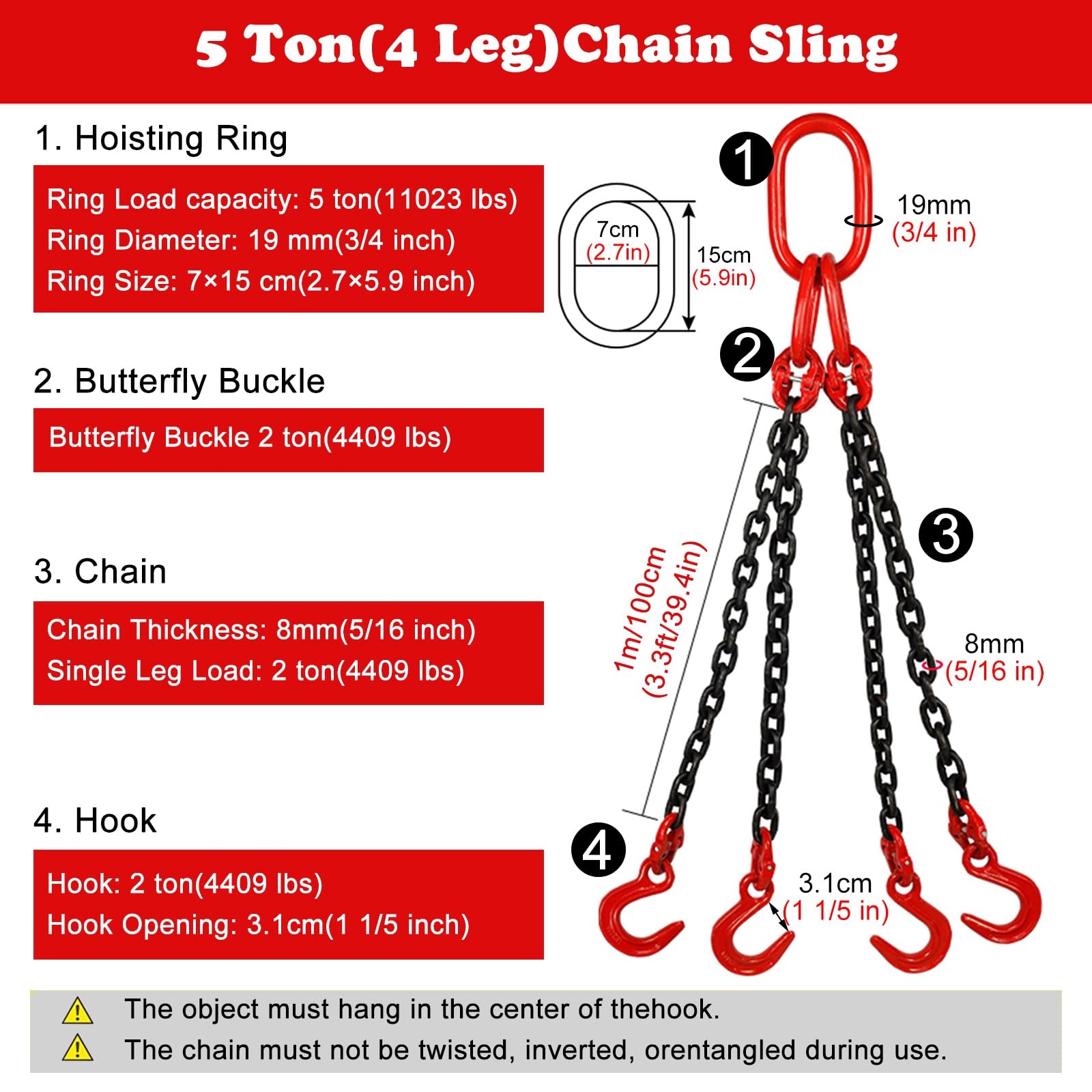5/16 Inch X 3 Ft Lifting Chains with Hooks 4 Leg Sling, Rigging Equipment for Large/Heavy Cargo Security Towing and Handling, Weight Lifting Steel Chain(5 ton(11023 lbs) - 1m/3.3ft Long)