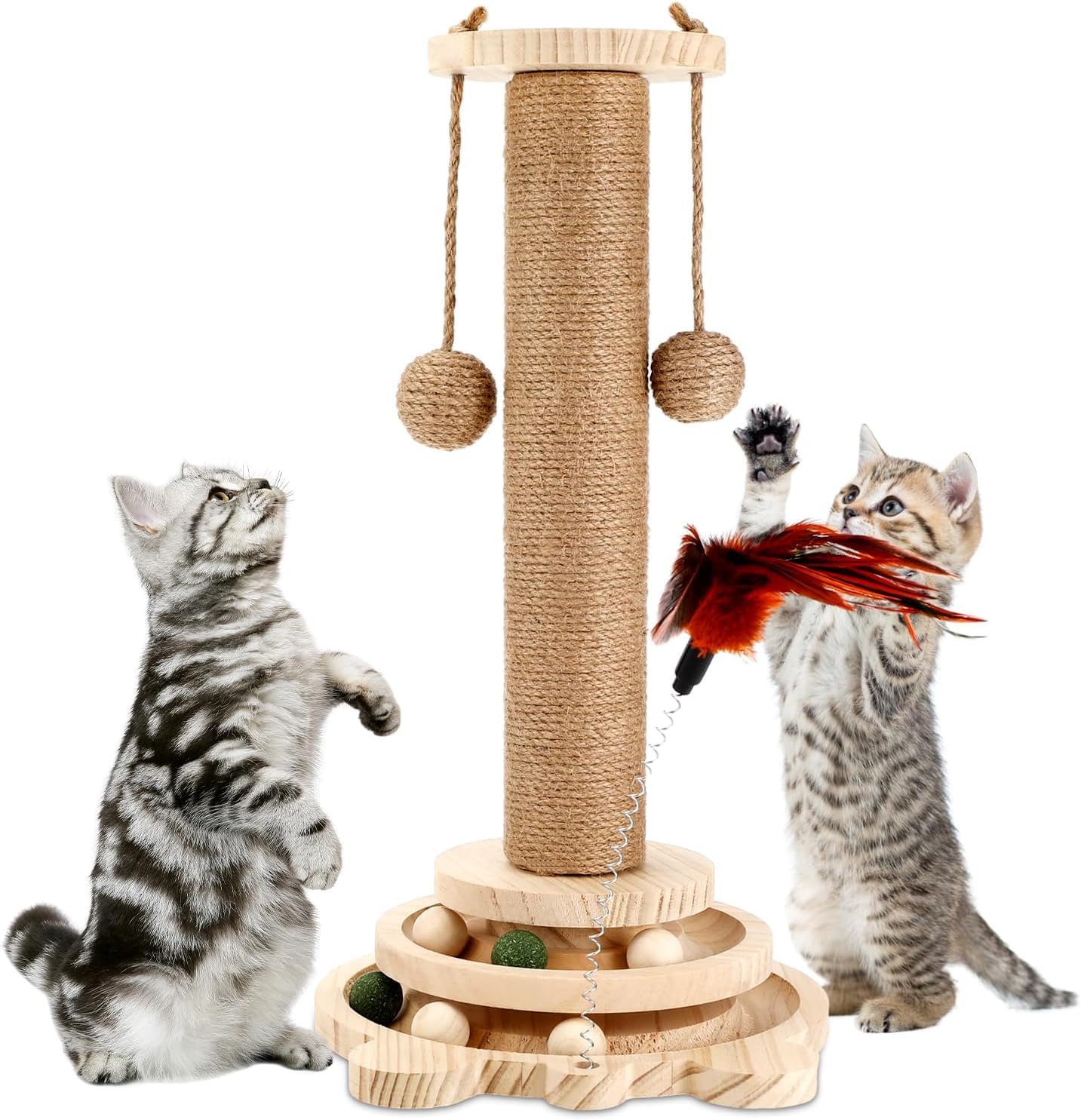 Giocattolo Interattivo per Gatti in Legno 4in1 Graffiatoio in Corda | Per Gatti Con Palla Appesa, Giocattolo Per Gattis Intelligenza Di Sisal, Palline Interattive Giocattolo Per Gatt I