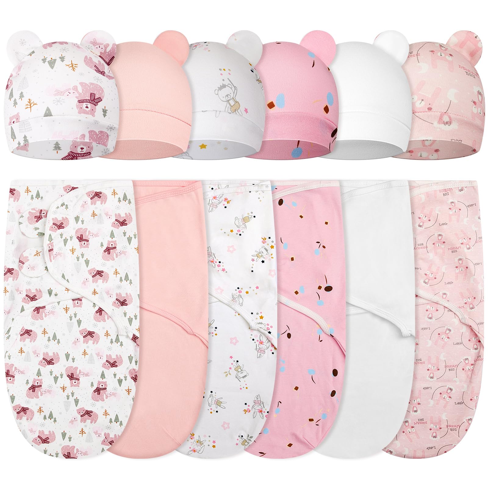 Ramede 6 Pack Swaddle Blanket with Hats for Baby Girl Boy 100% Cotton Swaddles 0-3 Months, Adjustable Breathable Skin Friendly Receiving Blanket Wrap,