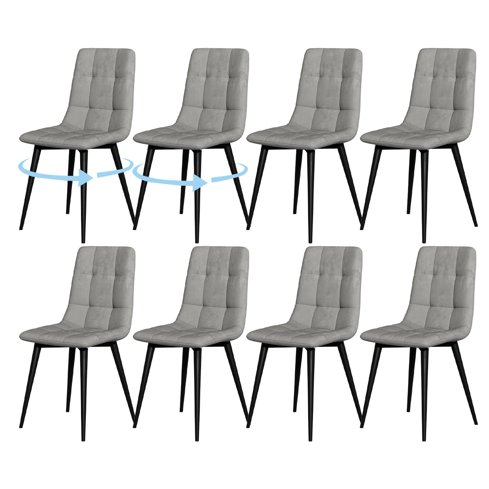 360° Swivel Dining Chairs Set of 8, Upholstered Dining Chair, Velvet Dining Chairs with Metal Frame, Modern Mid Century Kitchen Chairs, Grey Chair for Dining Room, Bedroom, Living Room, Kitchen