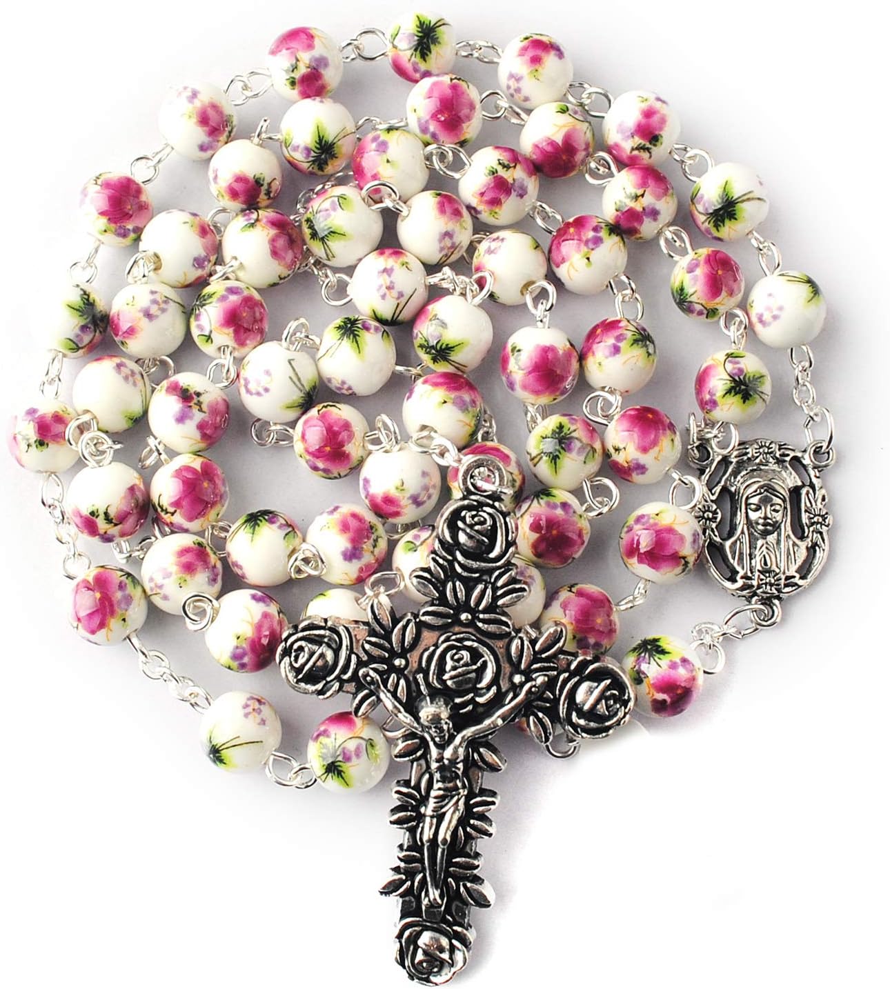 HanlinCC 8mm Round Ceramic Beads with Flower Painting Catholic Rosary Necklace with Maria Center piece and Flower Cross with Leather Gift Box
