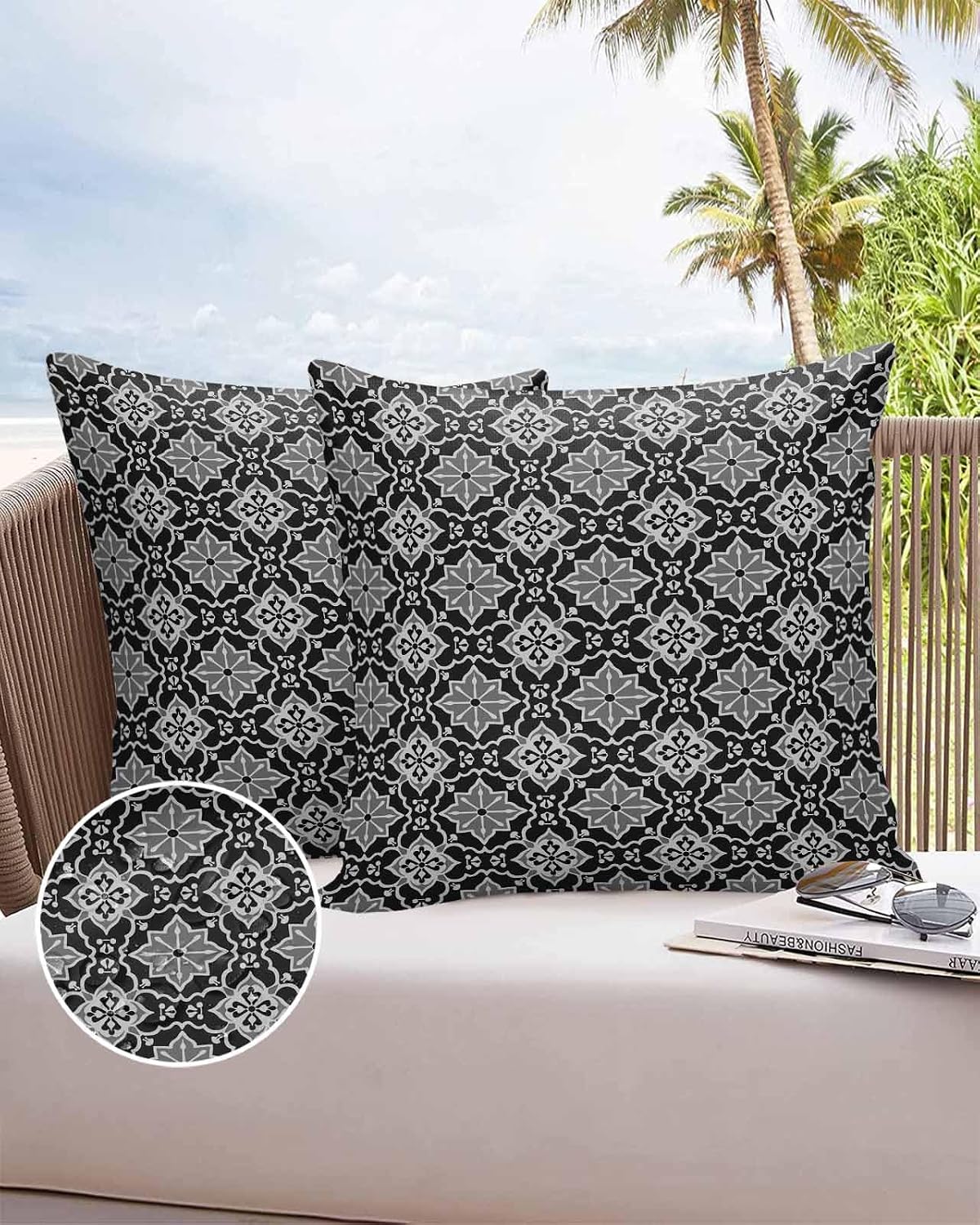 Retro Pack of 2 Decorative Outdoor Waterproof Throw Pillow Covers, Abstract Morocco Style Black Outdoor Pillows Cushion Cases, Square Pillowcase for Patio, Couch, Bench, 26x26 Inch