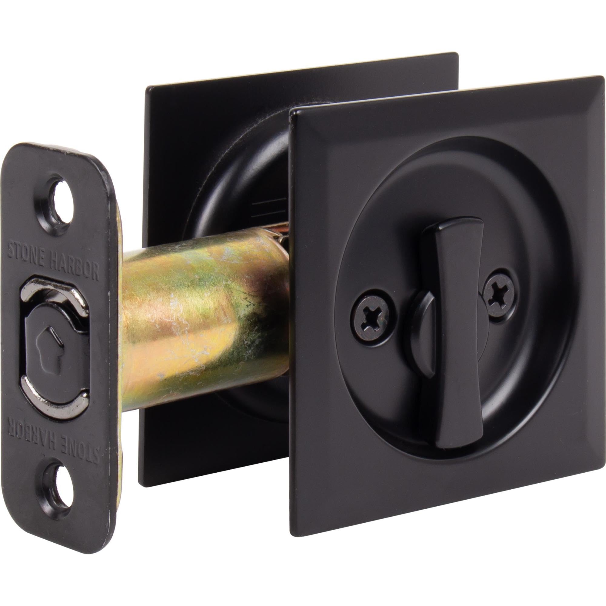Stone Harbor Square Pocket Door Lock - Satin Chrome Finish, Easy Install For Sliding Pocket Doors, Model HL82106