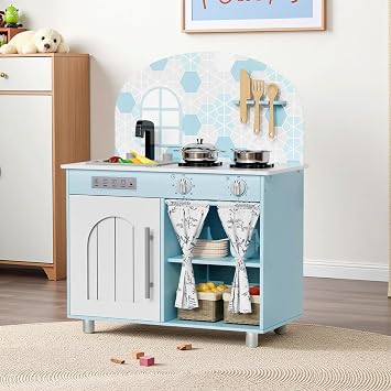 Arlopu Play Kitchen Set, Kids Interactive Pretend Kitchen Playset with Curtained Cabinet, Knobs, Faucet & Sink, Washing Machine, Wooden Cookware Accessories, Toy Kitchens for Toddler Blue