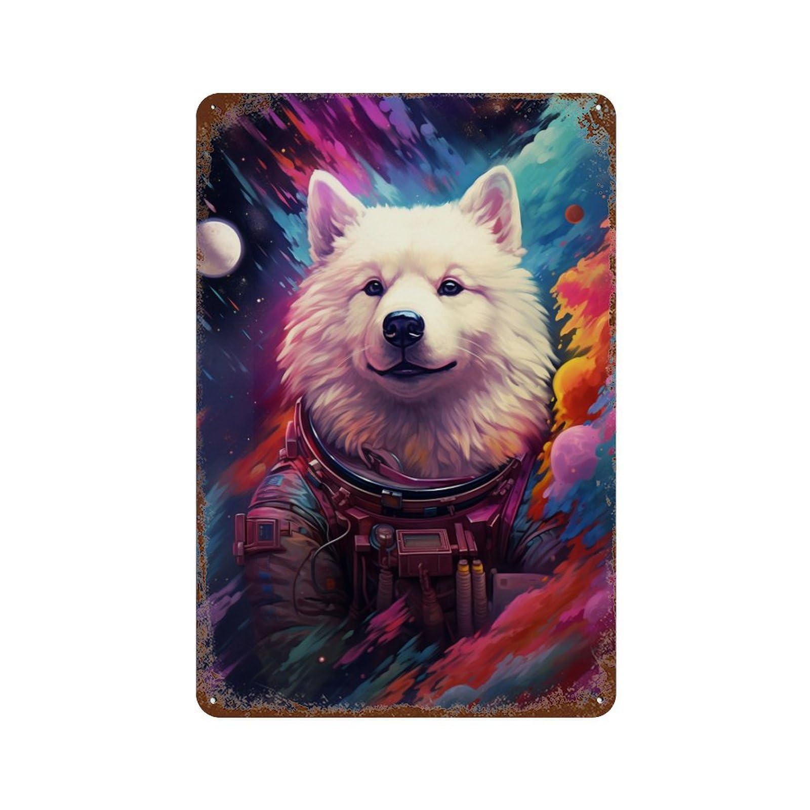 Rust Effect Space Dog Astronaut Art Print-15 Rustic Tin Plaque 11.8"x7.9", Classic Wall Plaque for Shed, Workshop And Garage Wall Decor