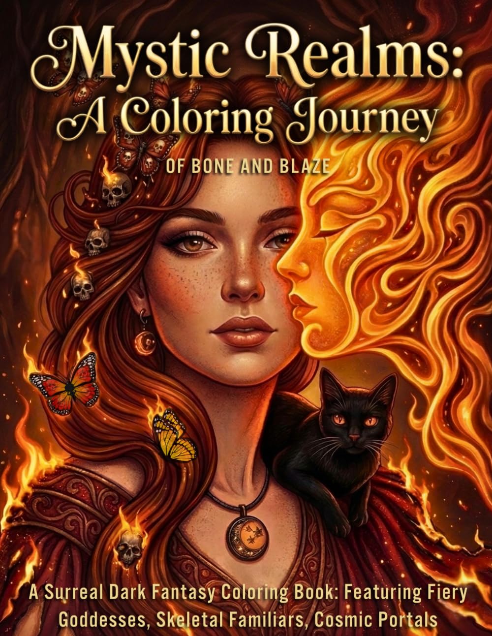 Mystic Realms: A Coloring Journey - Of Bone and Blaze: A Surreal Dark Fantasy Coloring Book featuring Fiery Goddesses, Skeletal Familiars, and Cosmic Portals (The Mystic Realms Collection)
