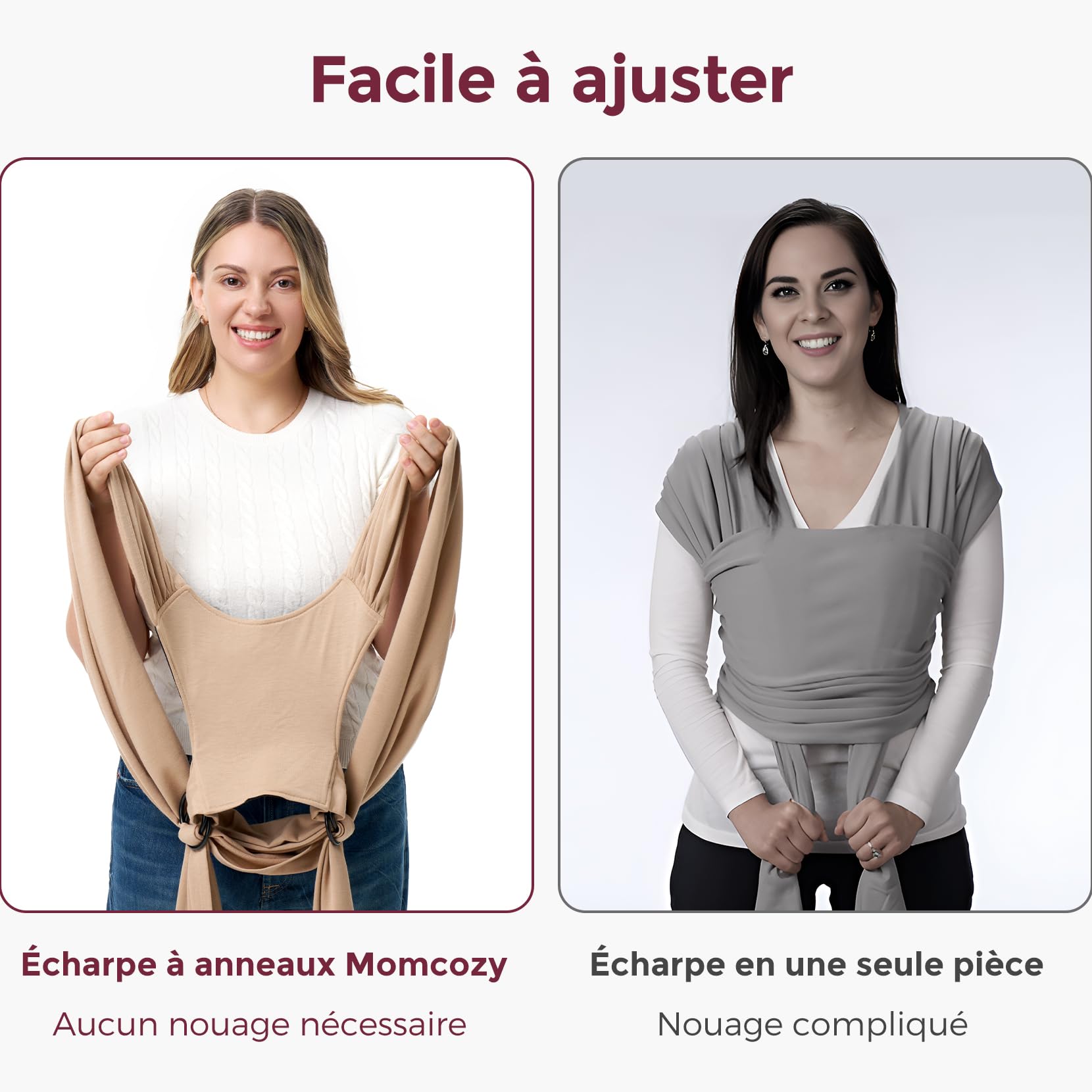 Momcozy Écharpe de Portage Bébé Nouveau-nés Anneaux Facile Enfiler Respirante Mains Libres Porte-bébé Réglable 3,6-15 kg Beige sable