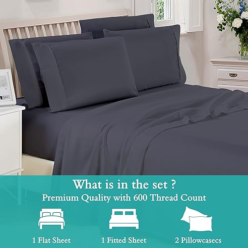 Miniatura 52 de Juego de sábanas de 4 piezas de algodón egipcio de 600 hilos, sábanas de algodón tamaño Queen para cama tamaño Queen, satén de fibra larga