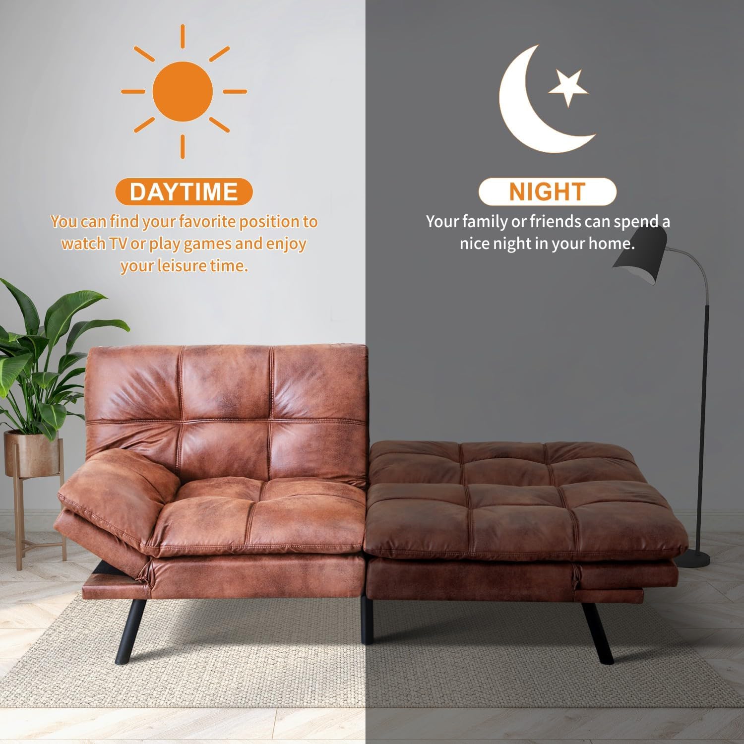 MUUEGM 71-Inch Convertible Futon Sofa Bed with Adjustable Backrest & Removable Armrests, Foldable Sleeper Loveseat for Small Space Living Room, Studio Apartment, Home Office，Brown
