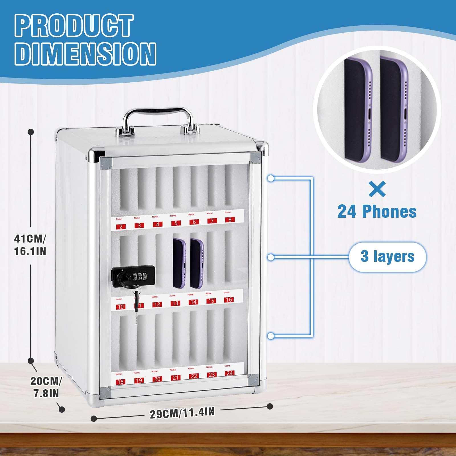 MXBAOHENG 24 Slot Mobile Phone Storage Cabinet In Lega di Alluminio Scatola di armadietti per la Gestione dei telefoni cellulari a Parete con Maniglia e Codice per Scuola Fabbrica Azienda