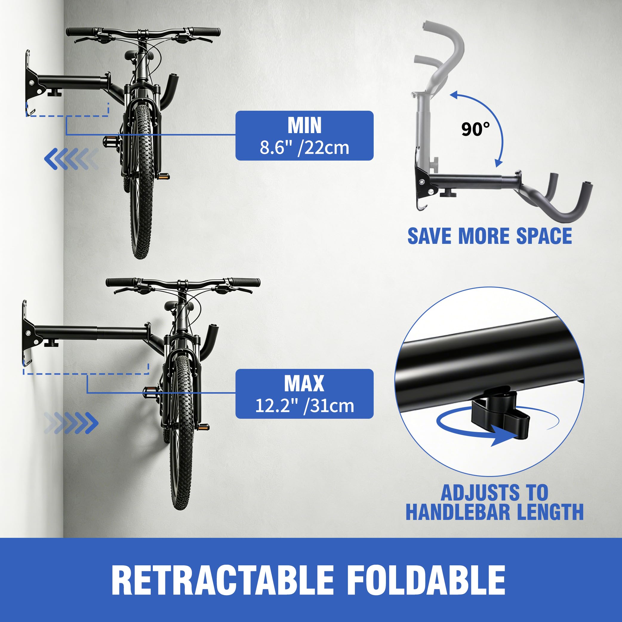 Support Mural Vélo, Porte-Vélo Horizontal pour Garage, Crochet Mural Résistant et Réglable pour Vélos de Route, VTT et Hybrides – Idéal Garage, Appartement et Maison-1 paquet | Rétractable et Pliable