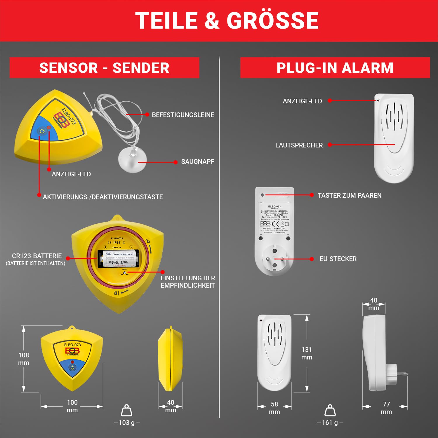 ELEKTROBOCK Pool-Alarm - Schwimmender Bewegungssensor mit 95dB Sirene | Wasser bewegt Sich - Funk-Empfänger löst Lauten Alarm aus | Einfache Installation | IP67 | für alle Pools & Aussenwasser