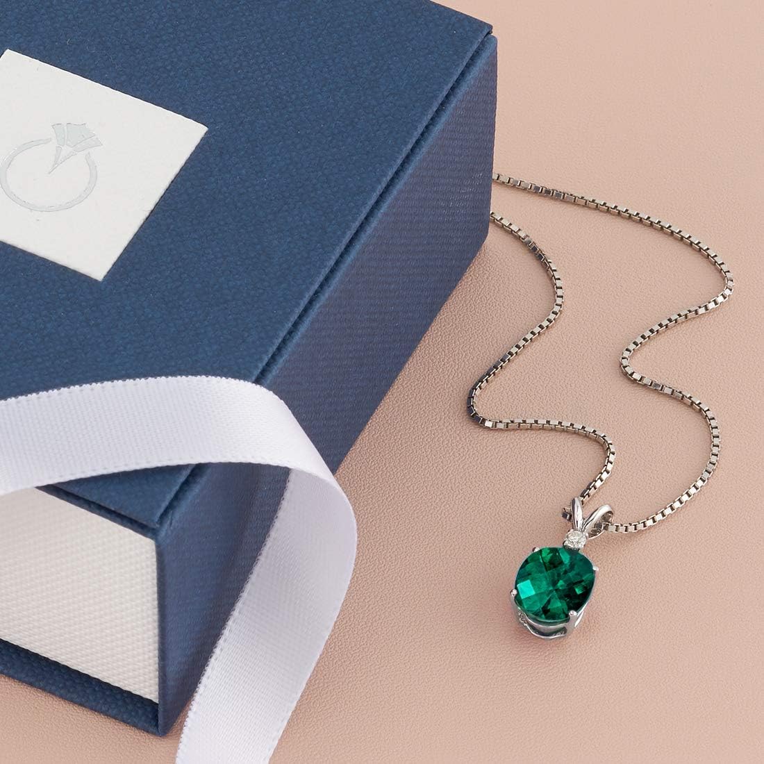 PEORA Created Emerald with Genuine Diamond Pendant in 14K White Gold, Elegant Solitaire, Oval Shape, 10x8mm, 2.35 Carats total, Green Jewelry, May Birthstone, w/Box