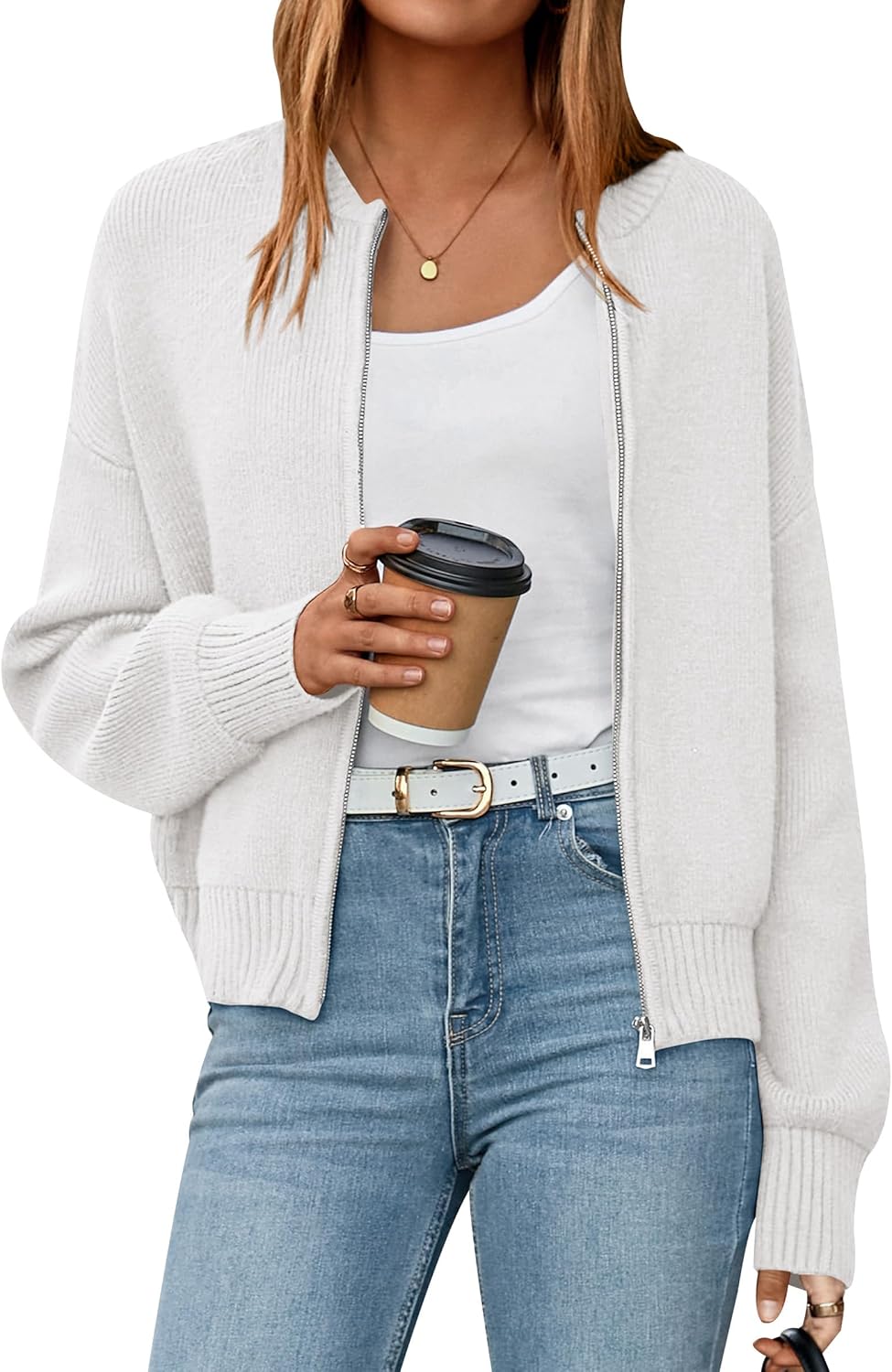NALANISA Women's Cropped Cardigan Sweaters Fall Open Front Long Sleeve Ribbed Knit Zipper Chunky Cardigans Outerwear Coats