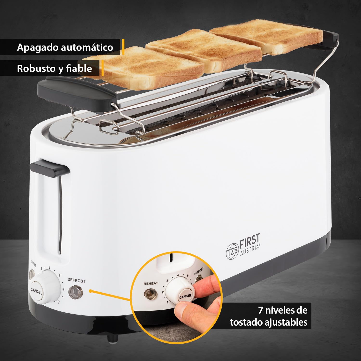 TZS First Austria - Tostadora 4 rebanadas, 1400W, bandeja recogemigas, soporte panecillos, carcasa aislada, ajuste temperatura, acero inoxidable, función descongelar, centrado pan