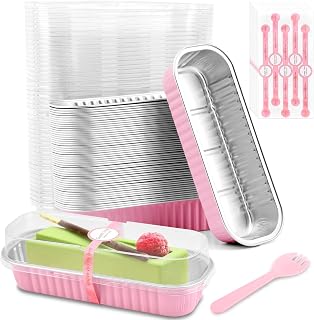 50 Pack Aluminum Foil Baking Pans with Lids,Fork Spoons, and Sealing Stickers,200ml/6.8oz Disposable Rectangle Cake Tins Takeout Containers,for Family Gatherings and Picnics