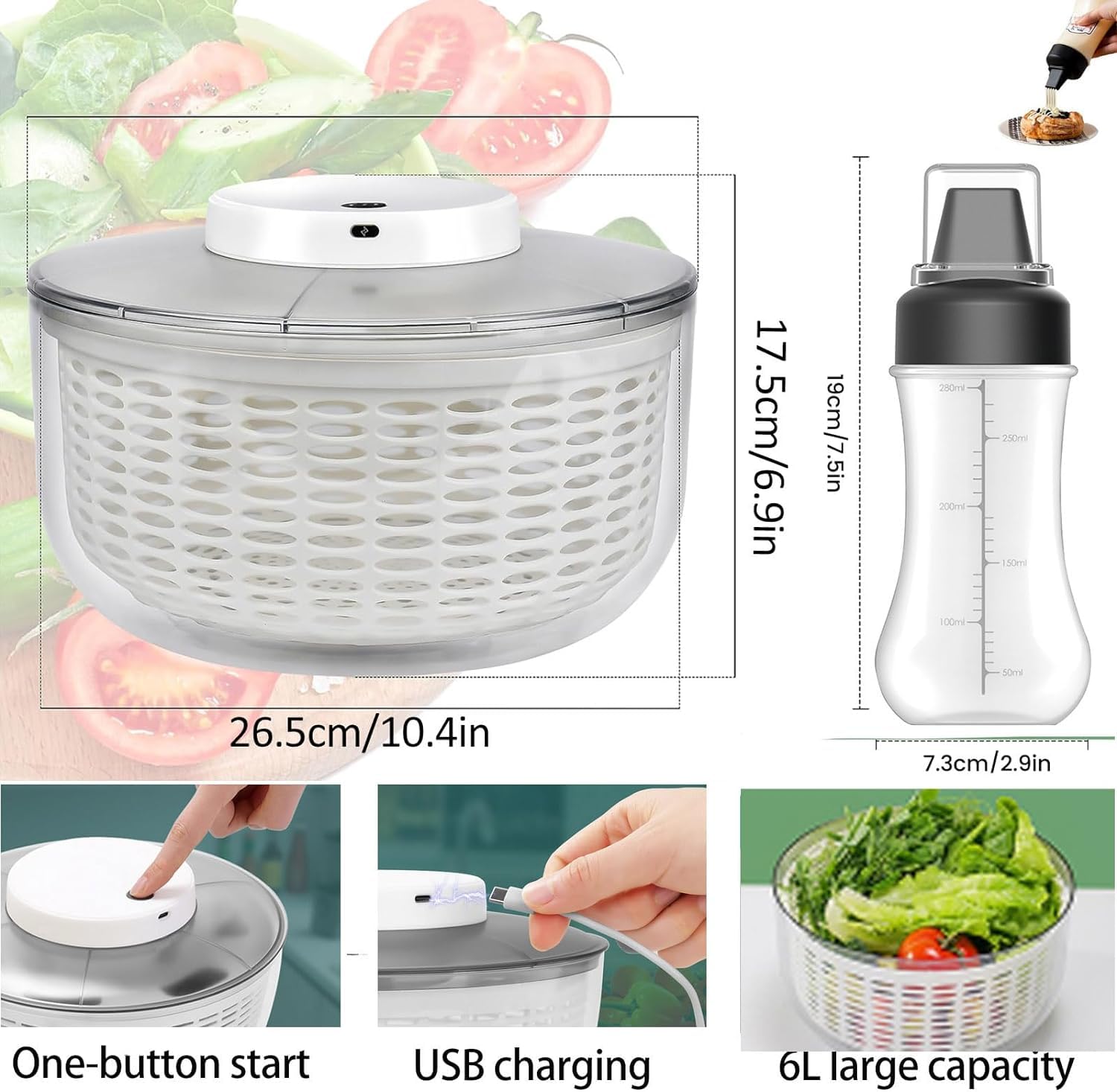 Essoreuse à Laitue 6L Grande Capacité - Laveuse Fruits Et Légumes Avec Bol Transparent, Panier Passoire Et Bouton D'Arrêt - Blanc Cassé