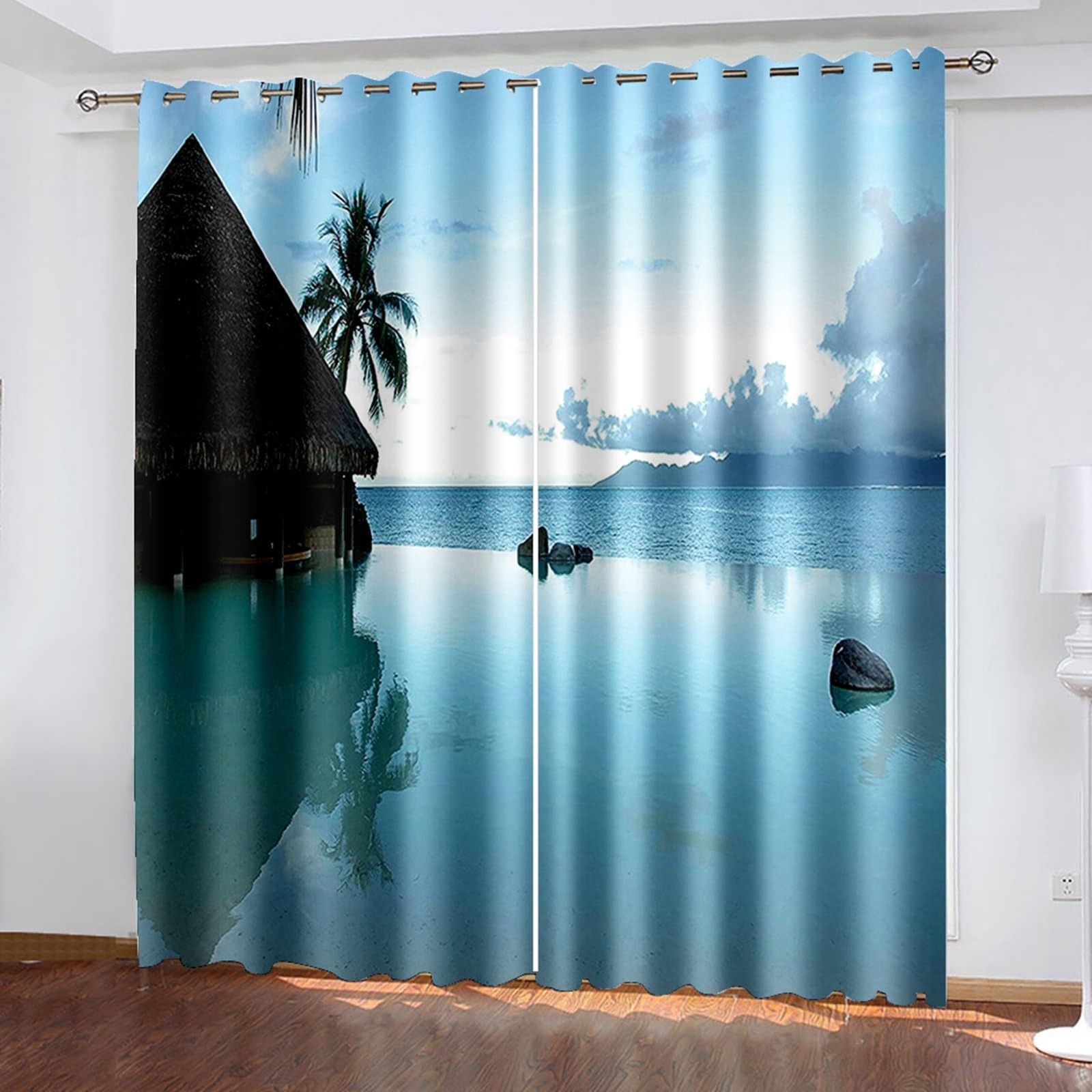 Rideau Occultant 2 Panneaux, Rideaux Occultant Thermiques à Oeillets Paysage de Villa Piscine et Mer Rideau pour Decoration Chambre Salon Intérieurs, 244x274 CM(LxH), Gris Bleu Vert