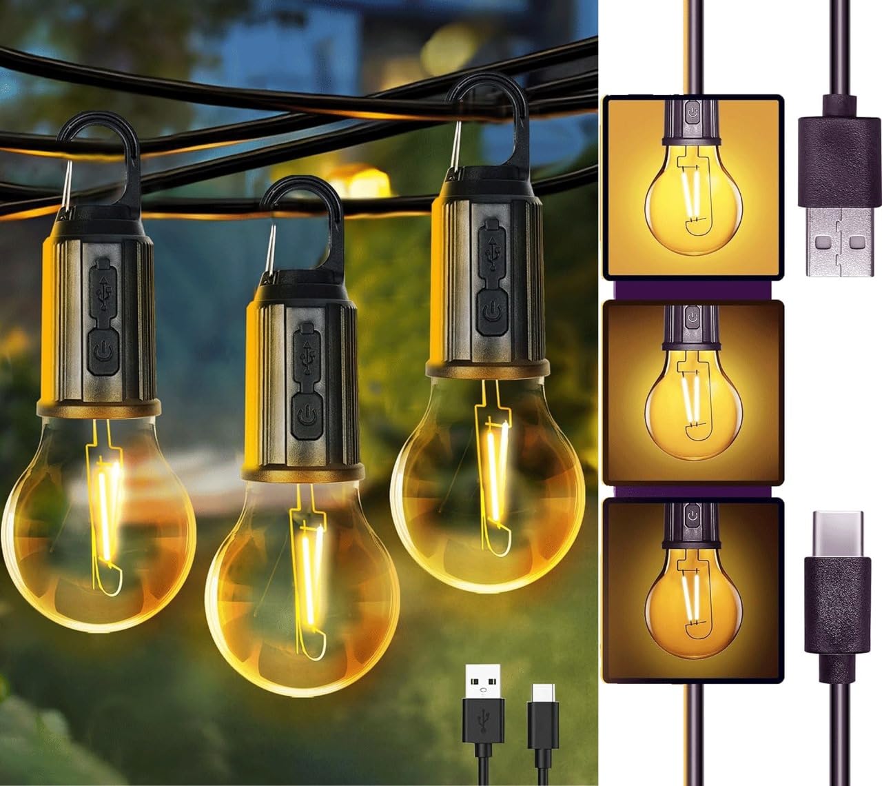 ADZOY ADL-T01 Hanging Camping Lamp (Set of 3) Unbreakable Waterproof with Rechargeable Battery, 3 Light Modes, Decorative Design with Type C USB Charging for Hiking, Emergency, Car Repairing (B0D338ZKBB) Amazon Price History, Amazon Price Tracker