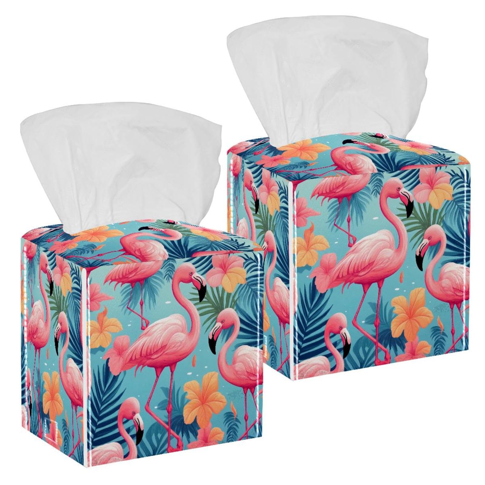 Flamingo Tissue Box Cover, 2 Pack PU Leather Square Facial Tissue Dispenser Box holder for Home Office Car
